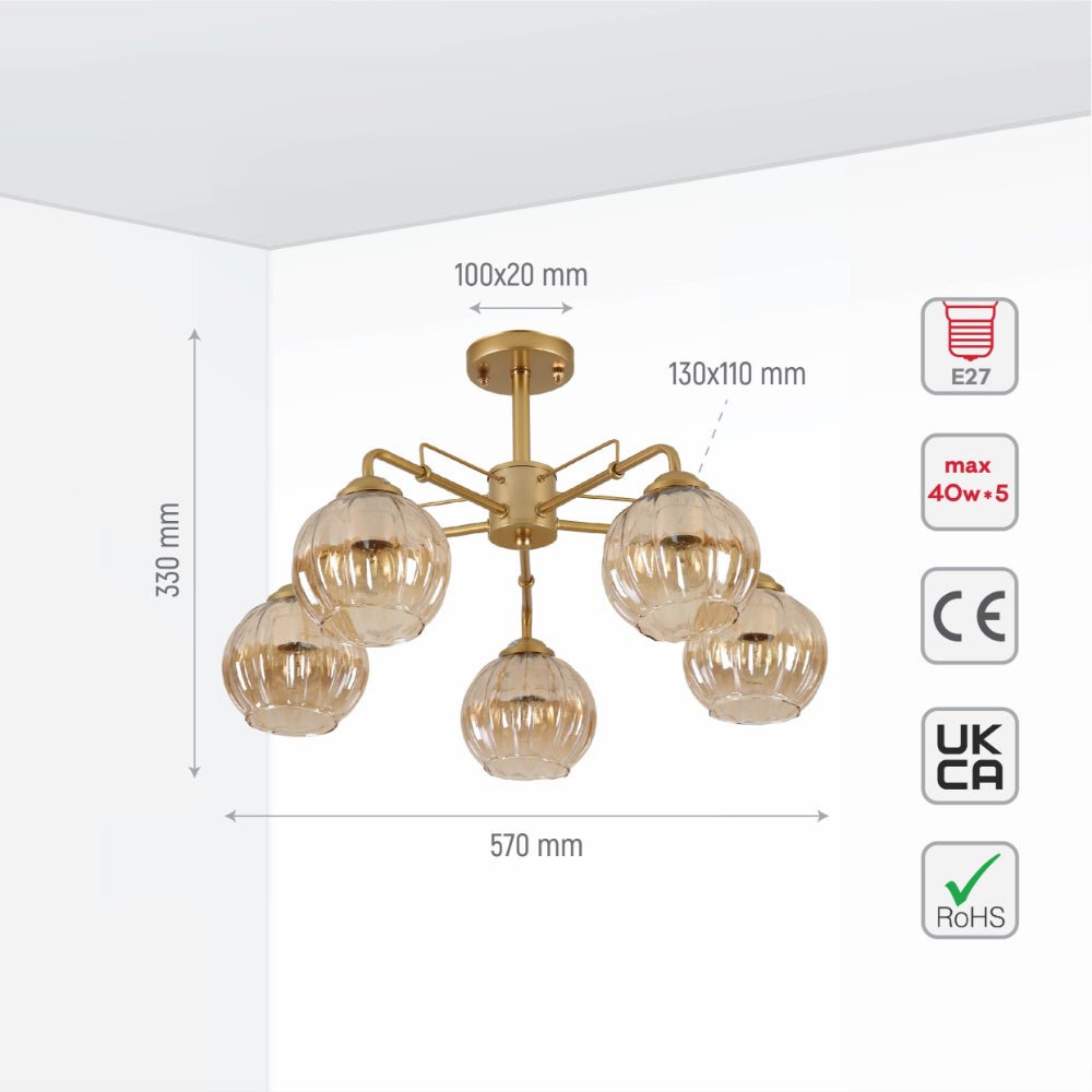 Size and specs of Amber Reeded Globe Glass Gold Metal Industrial Vintage Retro Semi Flush Ceiling Light with E27 Fittings | TEKLED 159-17654