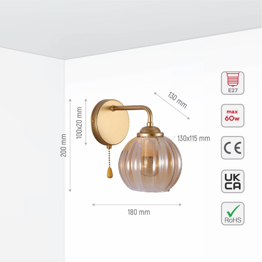 Size and specs of Amber Reeded Globe Glass Gold Metal Industrial Vintage Retro Wall Light with Pull Down Switch E27 Fitting | TEKLED 151-19778