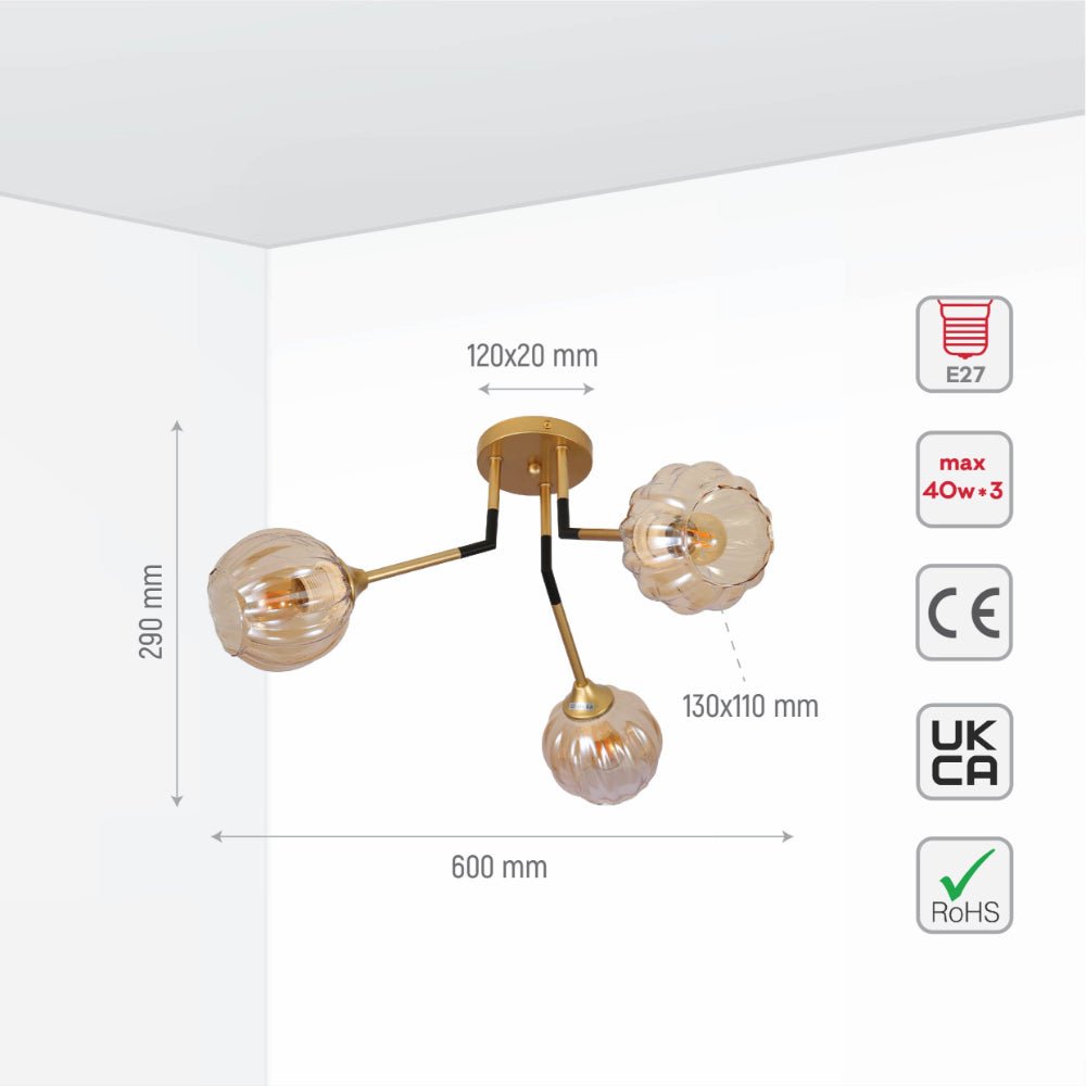 Size and specs of Amber Reeded Globe Glass Gold Metal Vintage Retro Semi Flush Ceiling Light with E27 Fittings | TEKLED 159-17660