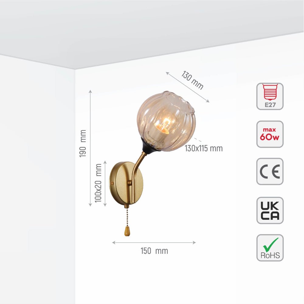 Size and specs of Amber Reeded Globe Glass Gold Metal Vintage Retro Wall Light with Pull Down Switch E27 Fitting | TEKLED 151-19782