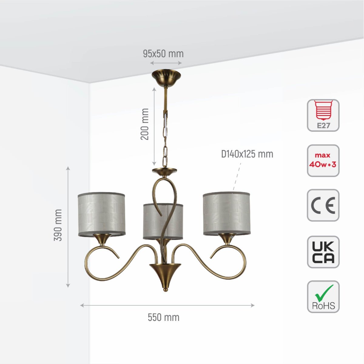 Size and specs of Antique Brass Arm Grey Cylinder Shaded Candle Vintage Chandelier Ceiling Light with E27 Fittings | TEKLED 159-17702