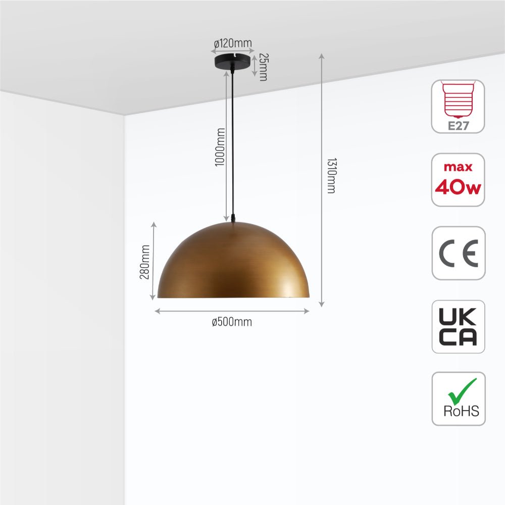 Size and specs of diameter with 500 mm Antique Brass Finish dome Metal Pendant Ceiling Light E27 Fitting 150-17925