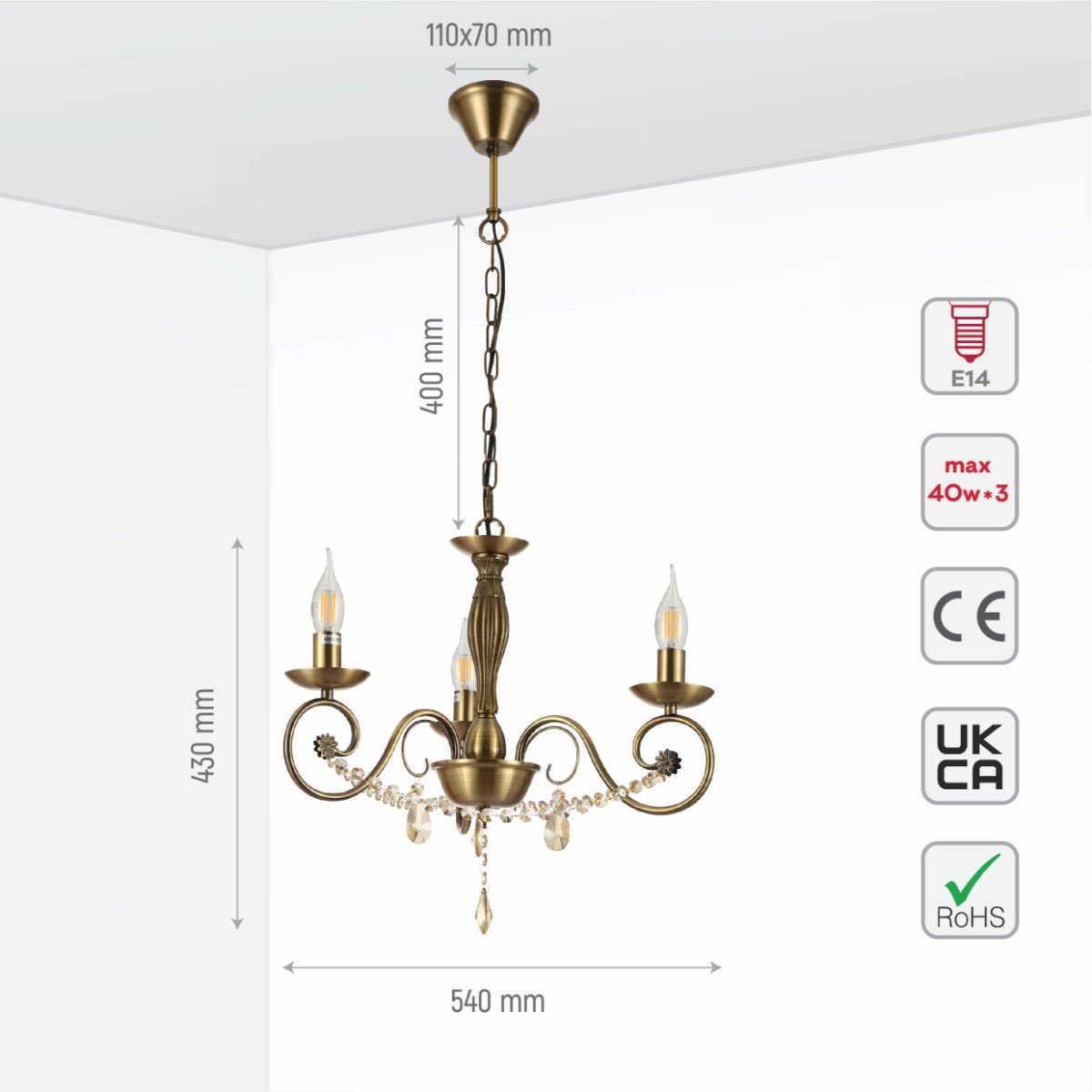 Size and specs of Antique Brass Finishing Metal Body French Candle Vintage Crystal Ceiling Light with E14 | TEKLED 152-179534