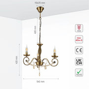 Size and specs of Antique Brass Finishing Metal Body French Candle Vintage Crystal Ceiling Light with E14 | TEKLED 152-179534