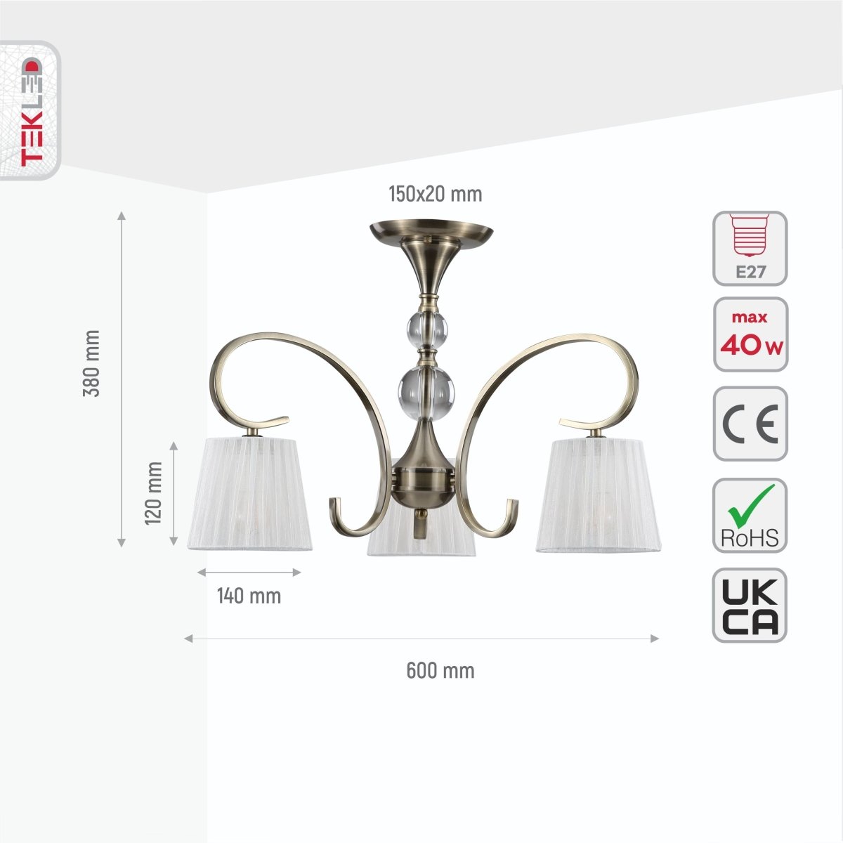 Size and specs of Antique Brass Metal Body Rice White Fabric Shade Vintage Traditional Retro Semi Flush Ceiling Light with 3xE27 Fitting | TEKLED 159-17818