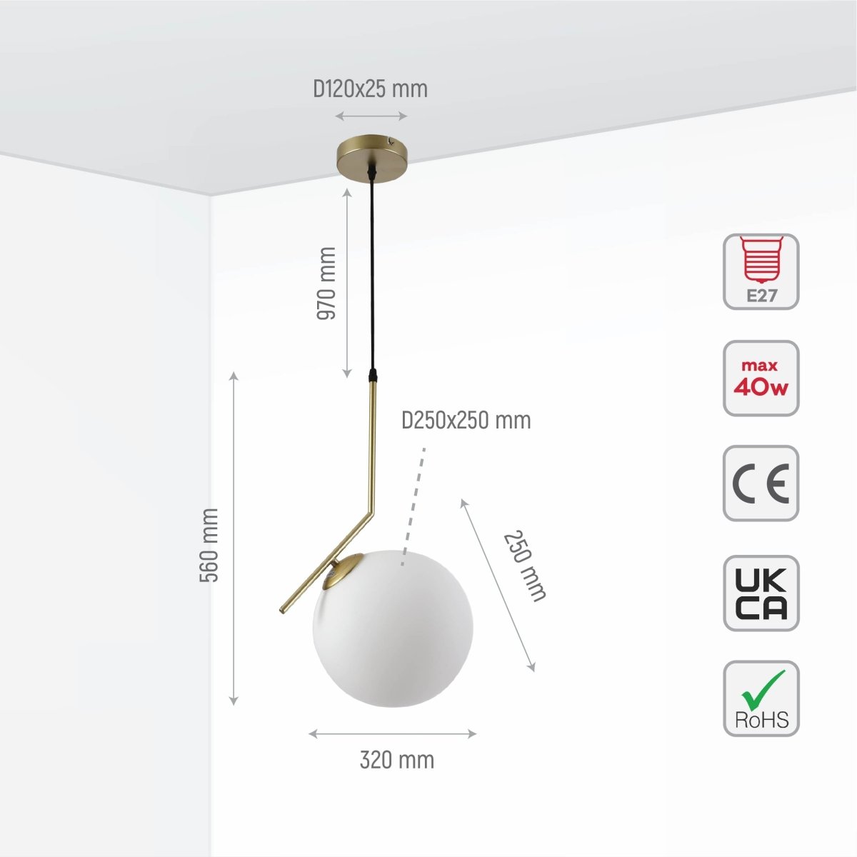 Size and specs of Antique Brass Metal Opal White Glass Globe Pendant Ceiling Light D200 with E27 Fitting | TEKLED 158-19660