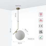 Size and specs of Antique Brass Metal Opal White Glass Globe Pendant Ceiling Light D200 with E27 Fitting | TEKLED 158-19662