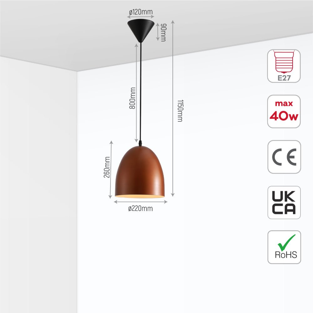 Size and specs of Antique Copper Dome Metal Pendant Ceiling Light with E27 Fitting D220 | TEKLED 150-18187