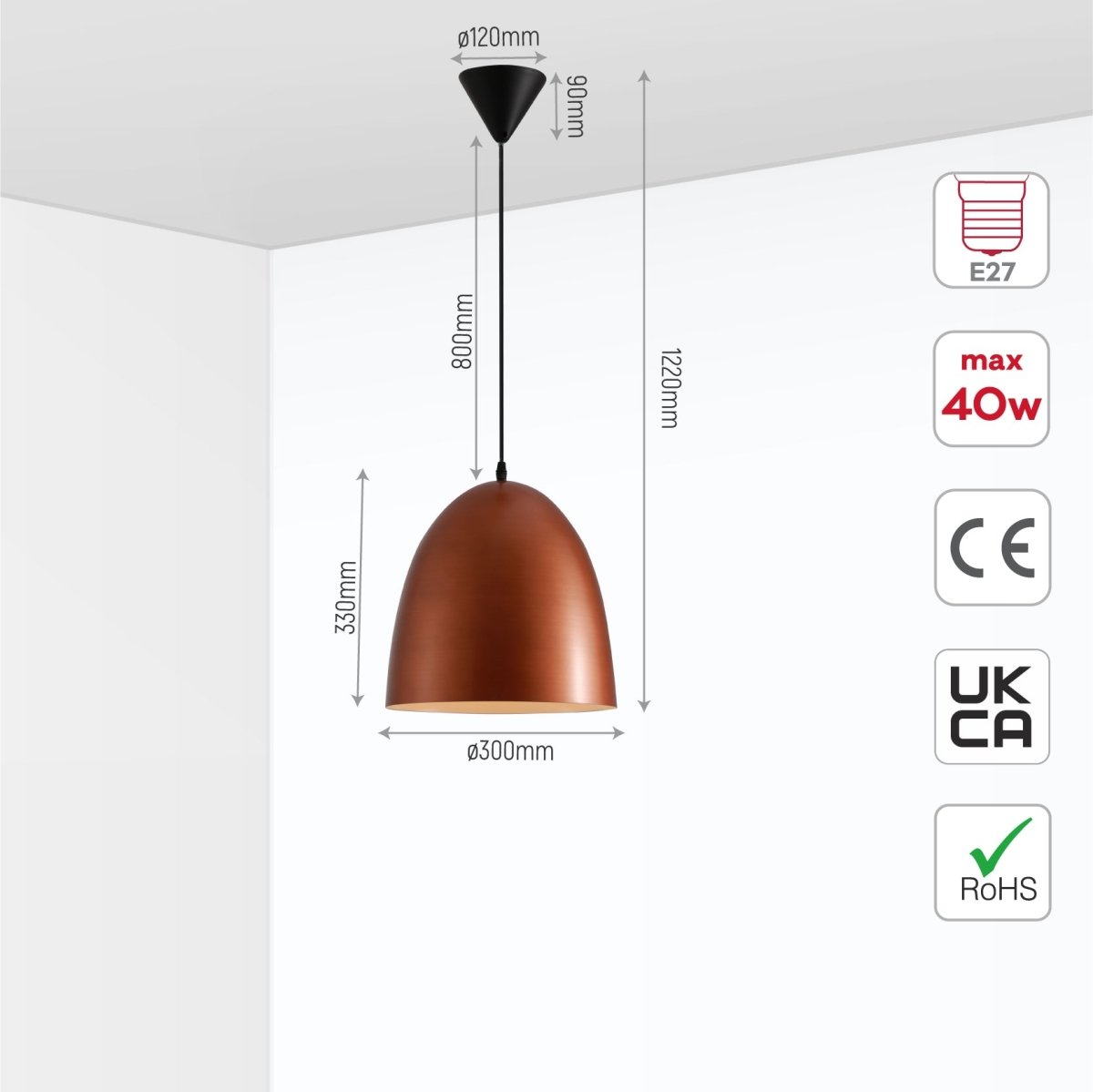 Size and specs of Antique Copper Dome Metal Pendant Ceiling Light with E27 Fitting D220 | TEKLED 150-18189
