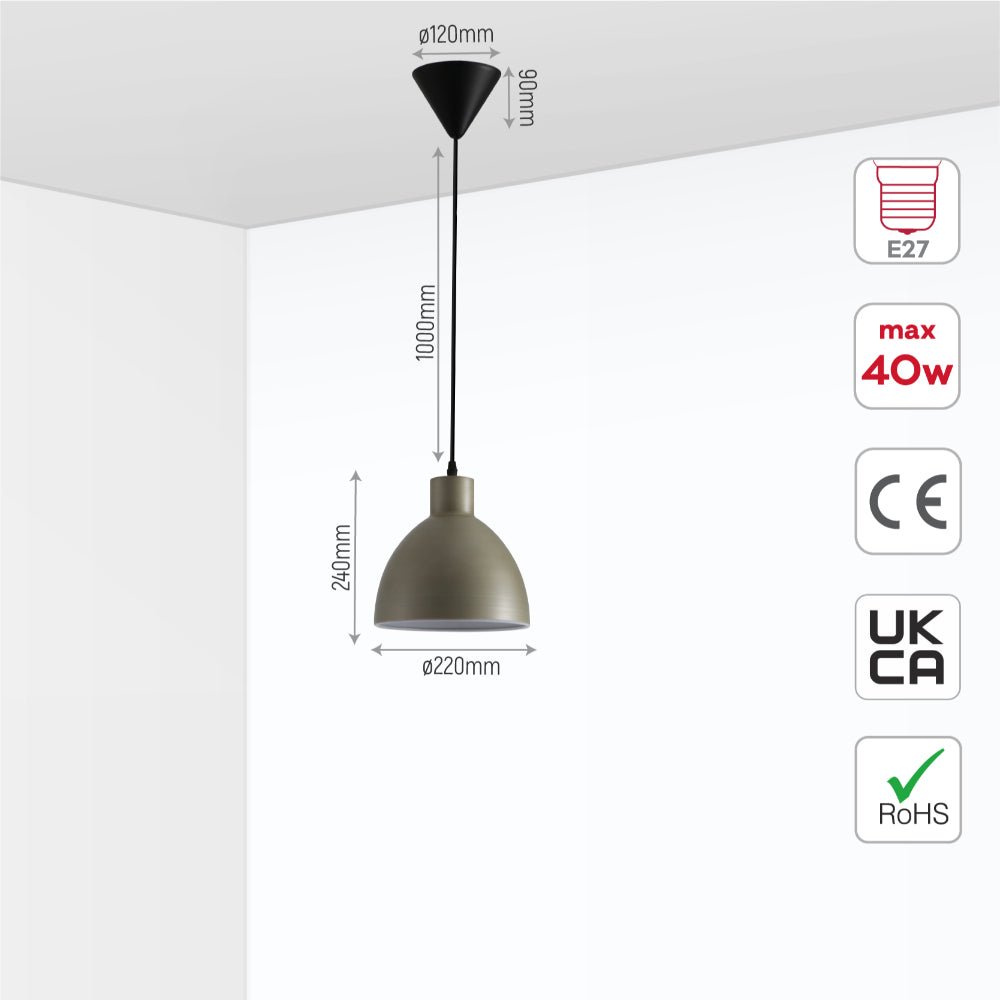Size and specs of Antique Grey Brass Dome Metal Pendant Ceiling Light with E27 Fitting D220 | TEKLED 150-18191