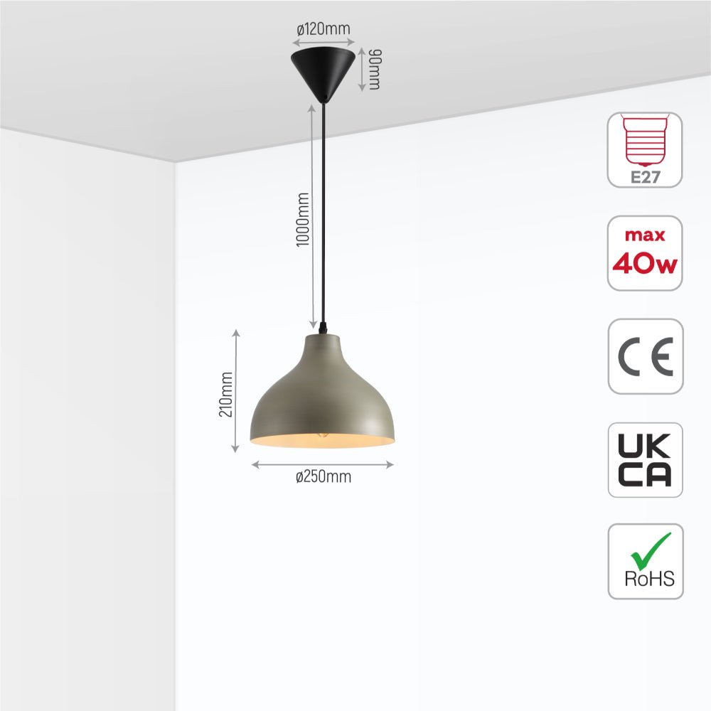 Size and specs of Antique Grey Brass Dome Metal Pendant Ceiling Light with E27 Fitting D250 | TEKLED 150-18199