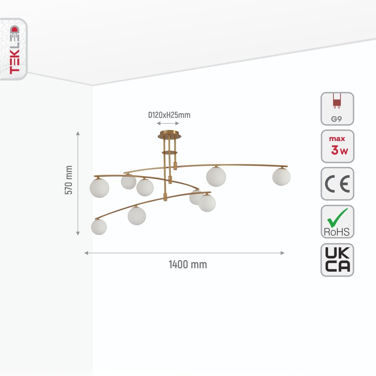 Size and specs of Balanced Palm Modern Chandelier with 9xG9 Fittings Opal Globes and Gold Body | TEKLED 159-17490