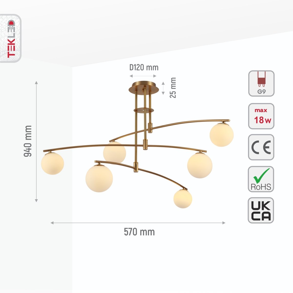 Size and specs of Balanced Palm Modern Chandelier with 6xG9 Fittings Opal Globes and Gold Body | TEKLED 159-17488