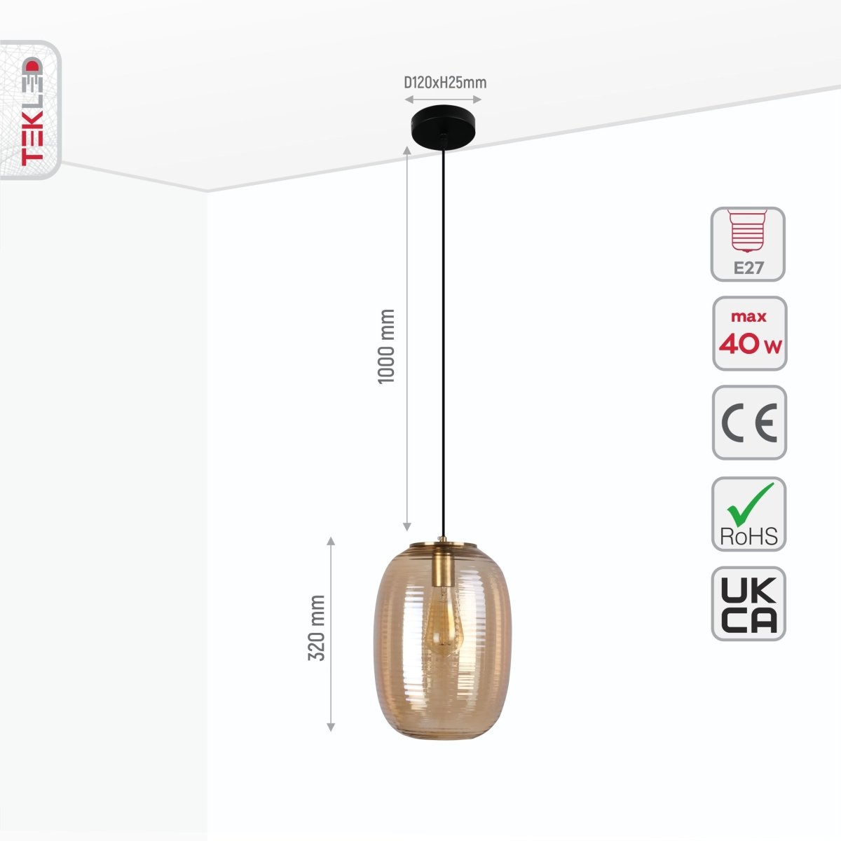 Size and specs of Bee Hive Amber Glass Pendant Light with E27 Fitting | TEKLED 159-17344