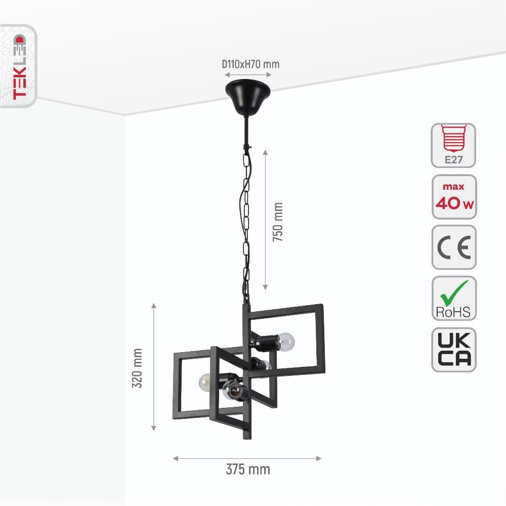 Size and specs of Black 4 Rectangle Pendant Light L375 with 4xE27 Fitting | TEKLED 158-17914