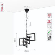 Size and specs of Black 4 Rectangle Pendant Light L375 with 4xE27 Fitting | TEKLED 158-17914