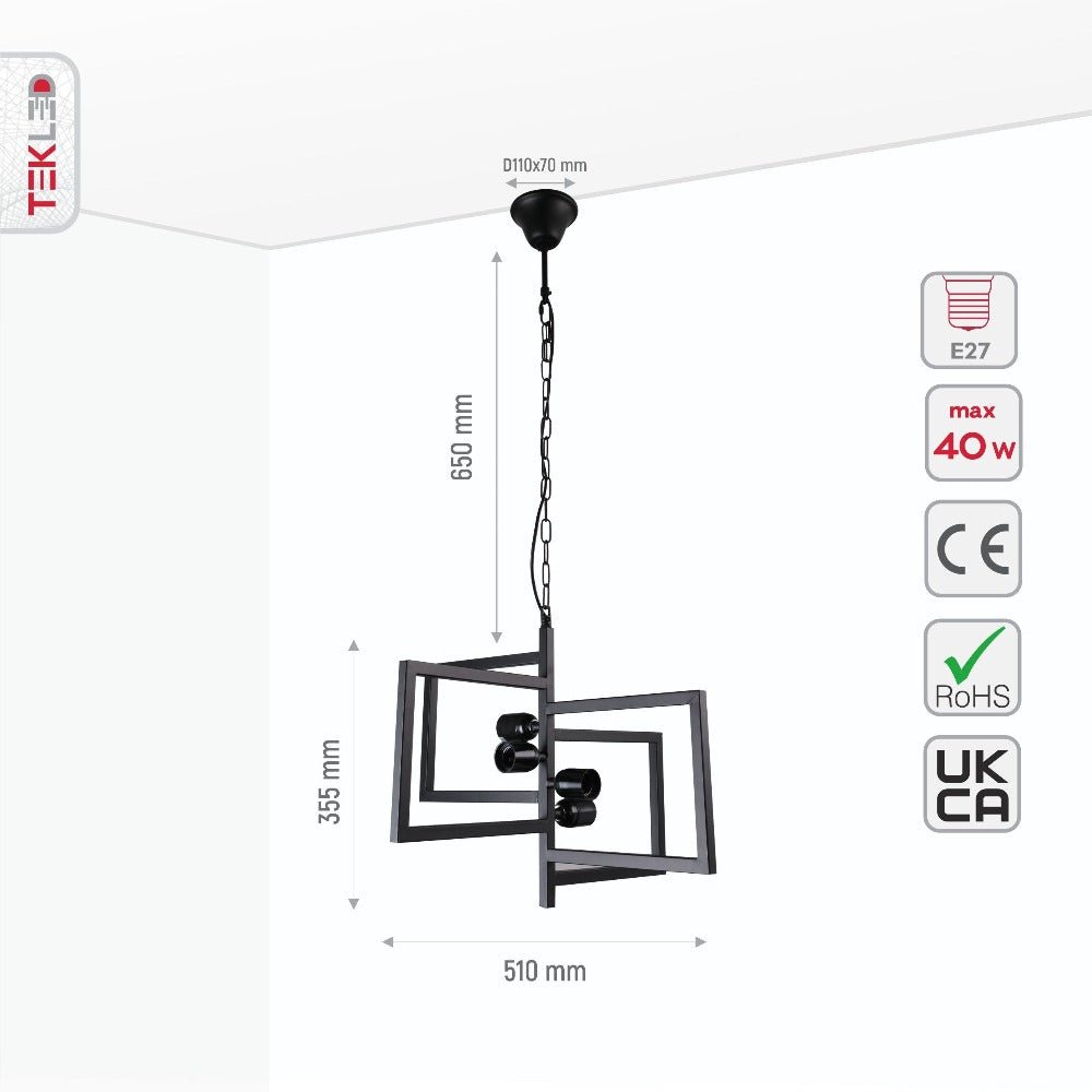 Size and specs of Black 4 Rectangle Pendant Light L510 with 4xE27 Fitting | TEKLED 158-17584