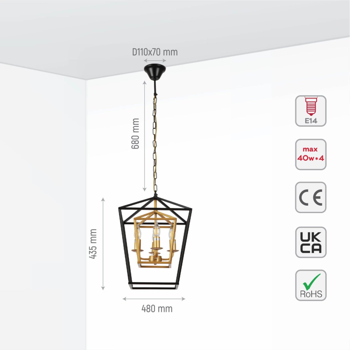 Size and specs of Black and Gold Candle Farmhouse Vintage Pendant Ceiling Light with 4xE27 Fitting | TEKLED 159-17450