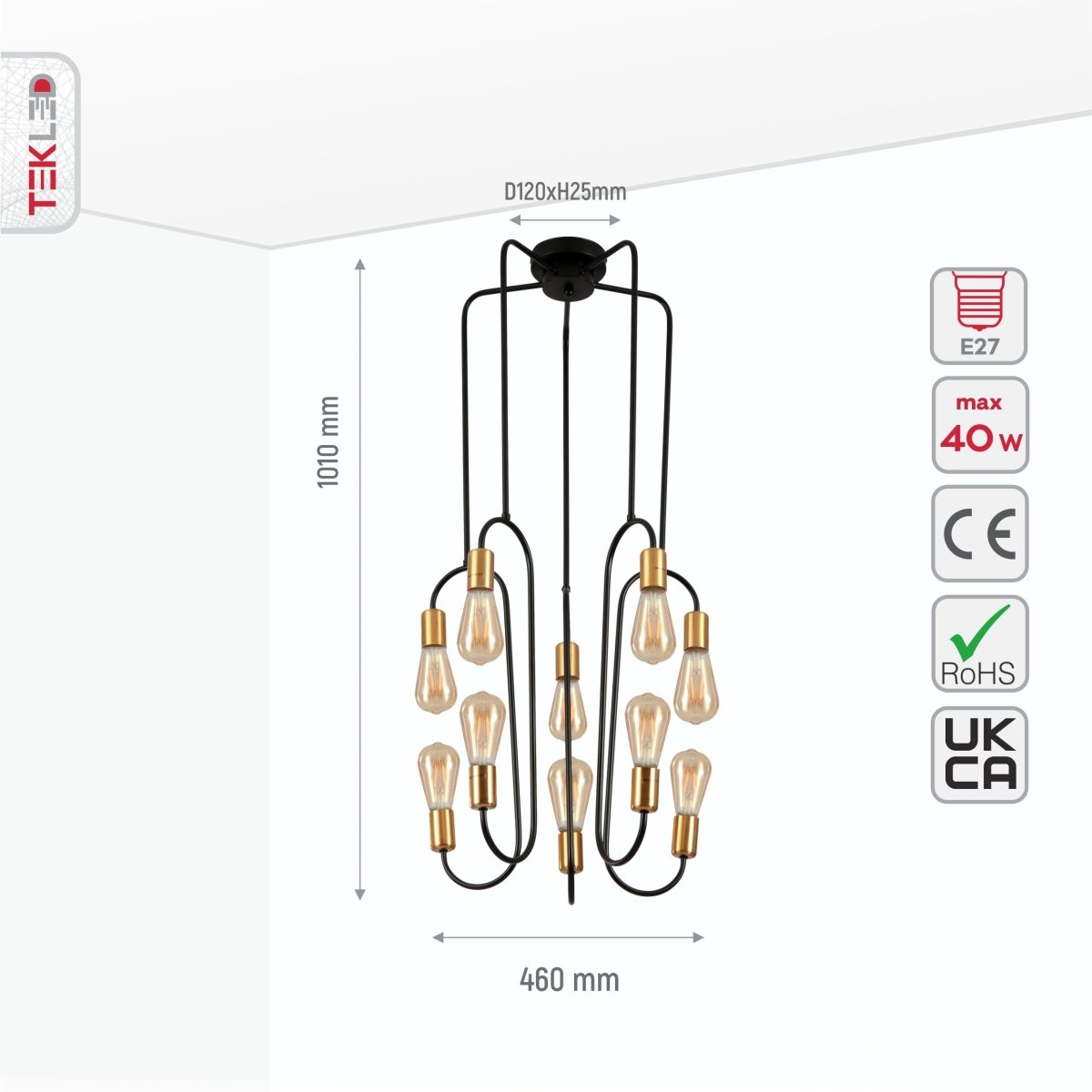 Size and specs of Black and Gold Modern Nordic Pendant Chandelier Light with 10xE27 Fittings | TEKLED 159-17482