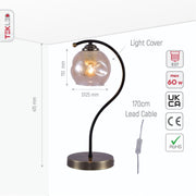 Size and specs of Black Antique Brass Metal Amber Globe Table Lamp with E27 Fitting | TEKLED 151-19686