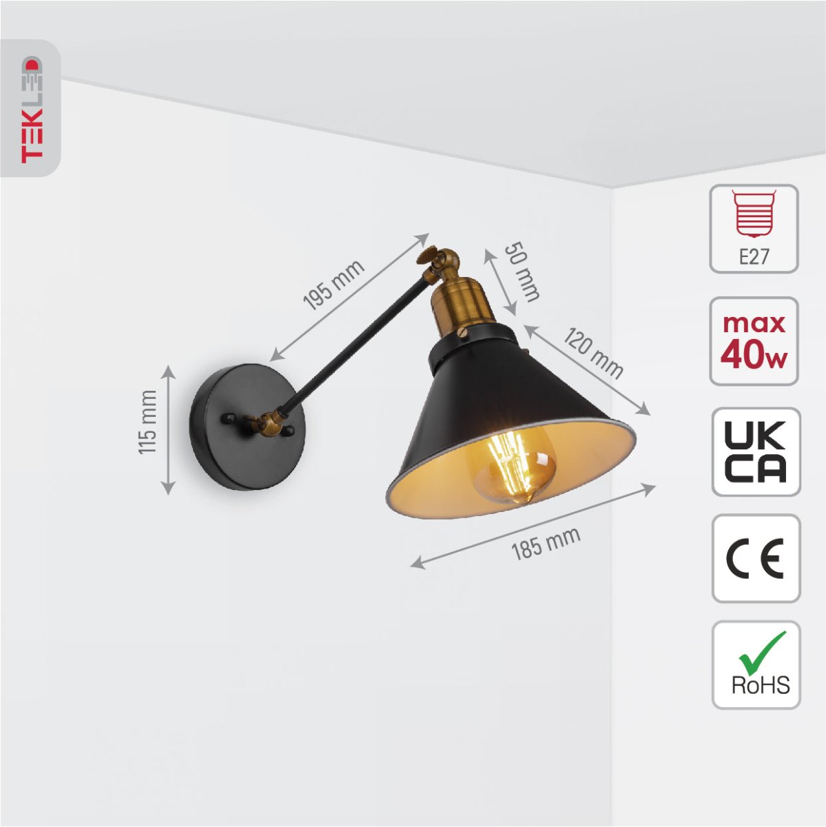 Size and specs of Black Antique Brass Metal Funnel Hinged Wall Light with E27 Fitting | TEKLED 151-19642