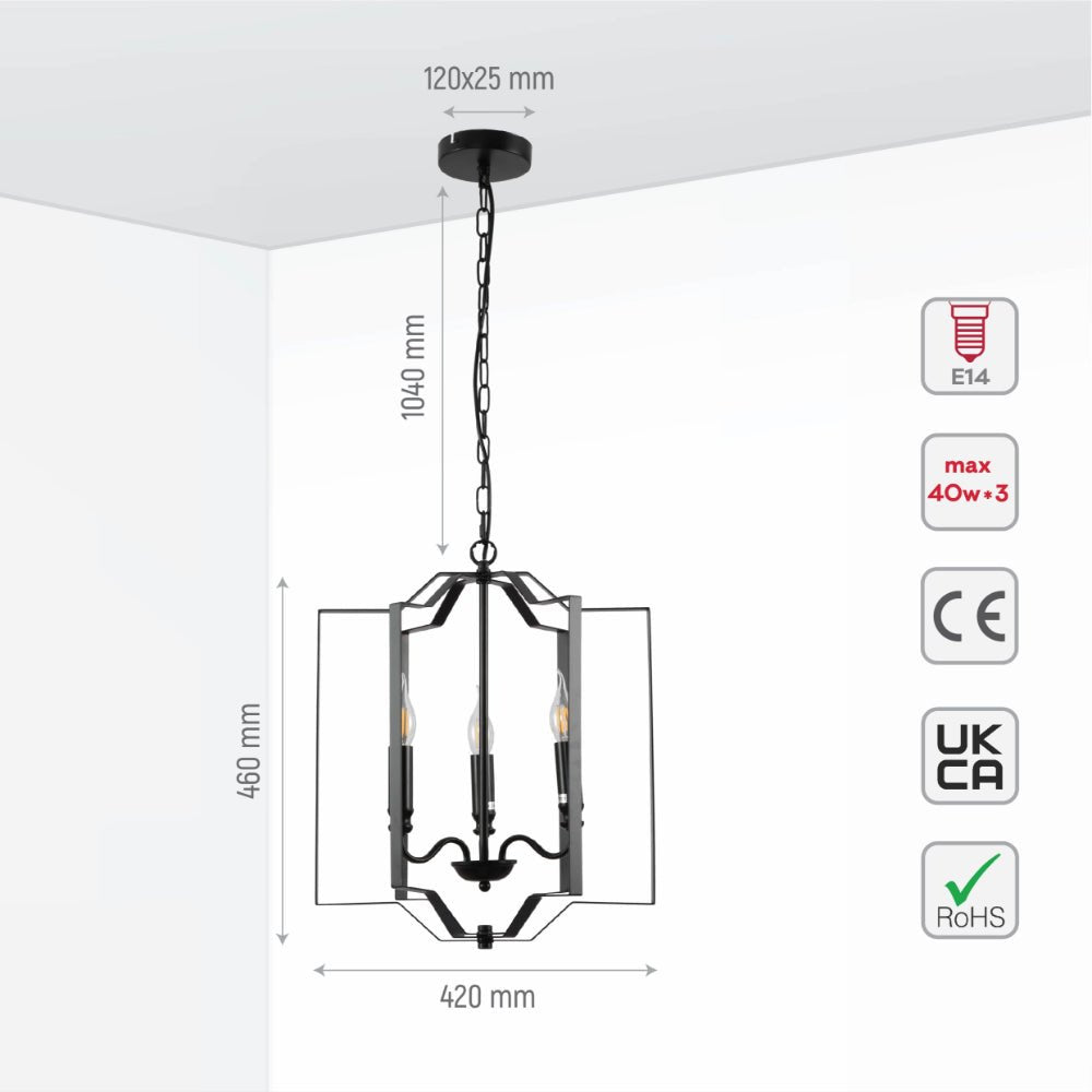 Size and specs of Black Cage Candle Lantern Rustic Nautical Nordic Chandelier Ceiling Light with 3xE14 Fittings | TEKLED 159-17864