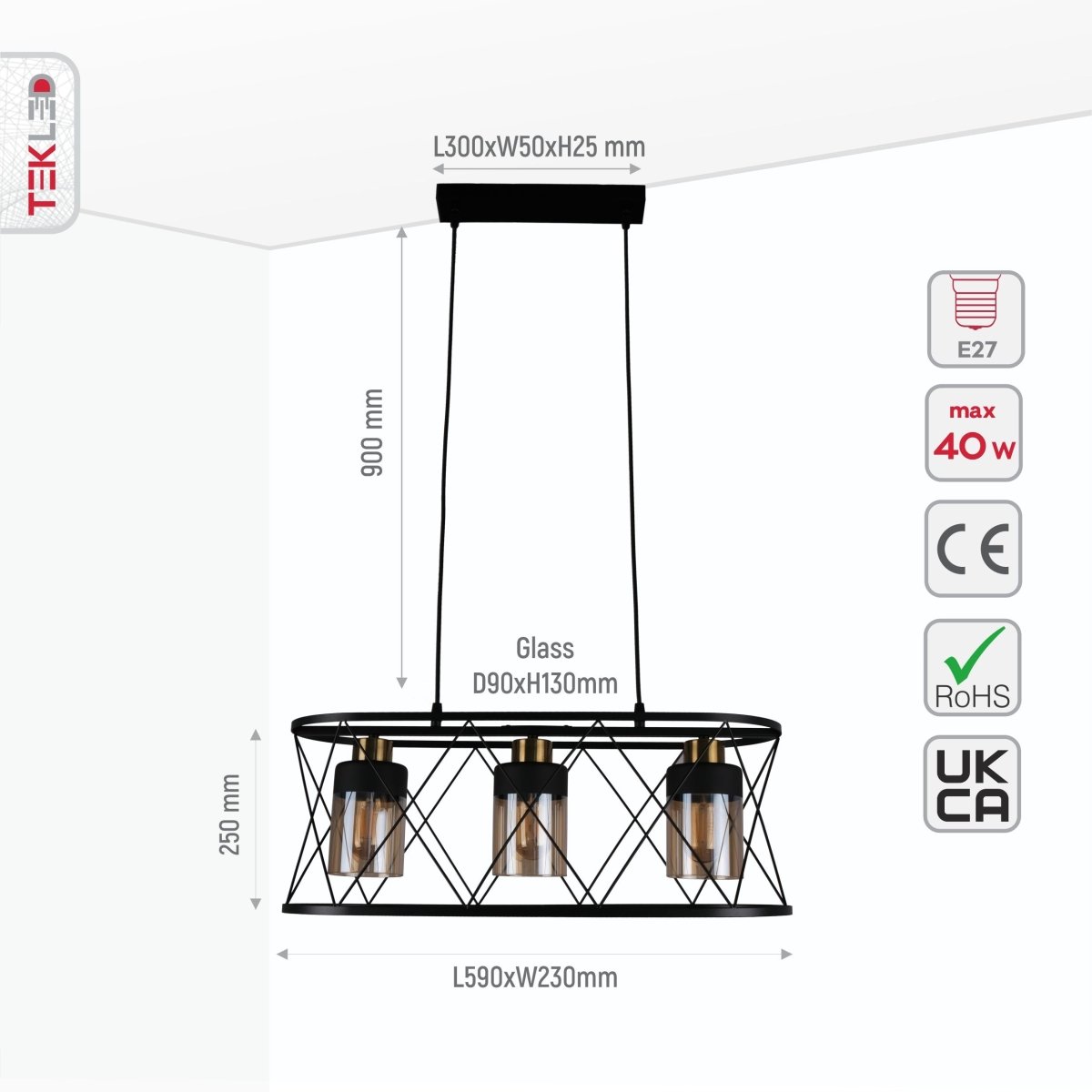 Size and specs of Black Cage Metal Amber Cylinder Glass Island Chandelier with 3xE27 Fittings | TEKLED 159-17498