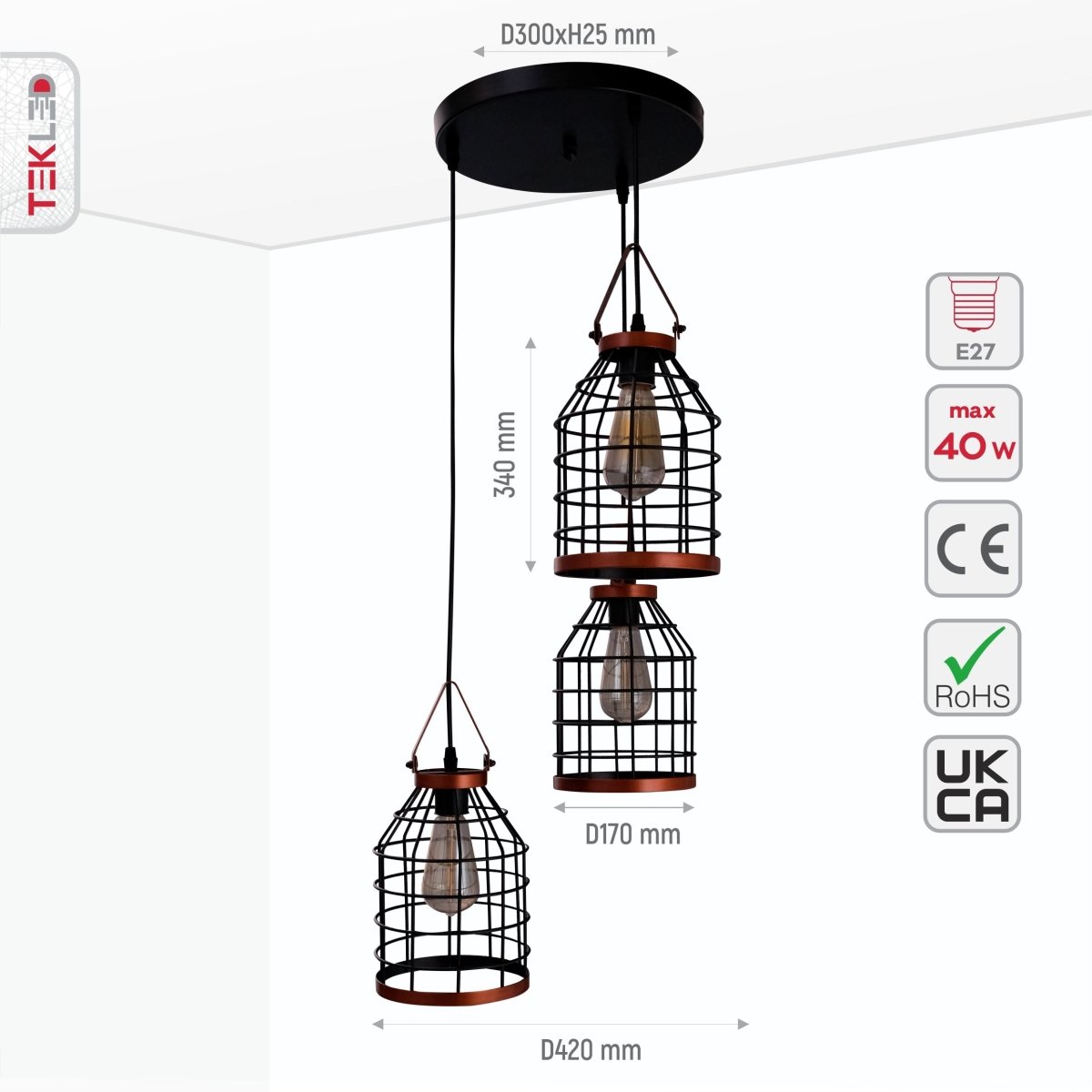 Size and specs of Black Cage Metal Pendant Light with 3xE27 Fitting | TEKLED 156-19516