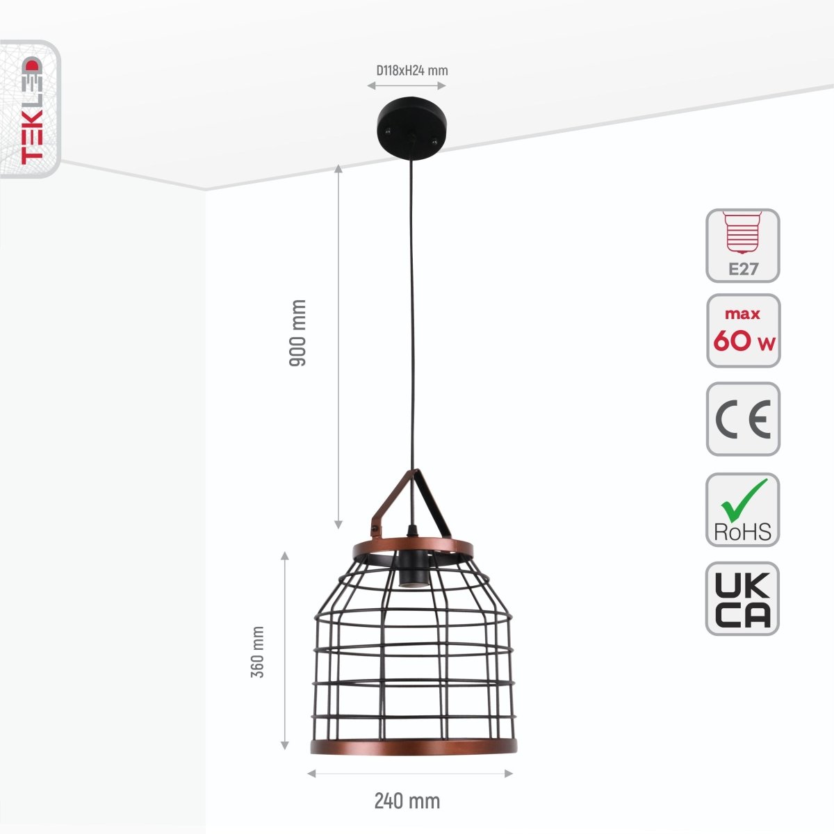 Size and specs of Black Cage Metal Pendant Light with E27 Fitting | TEKLED 156-19514