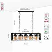 Size and specs of Black Caged Metal Amber Cylinder Glass Island Chandelier with 5xE27 Fitting | TEKLED 158-19580