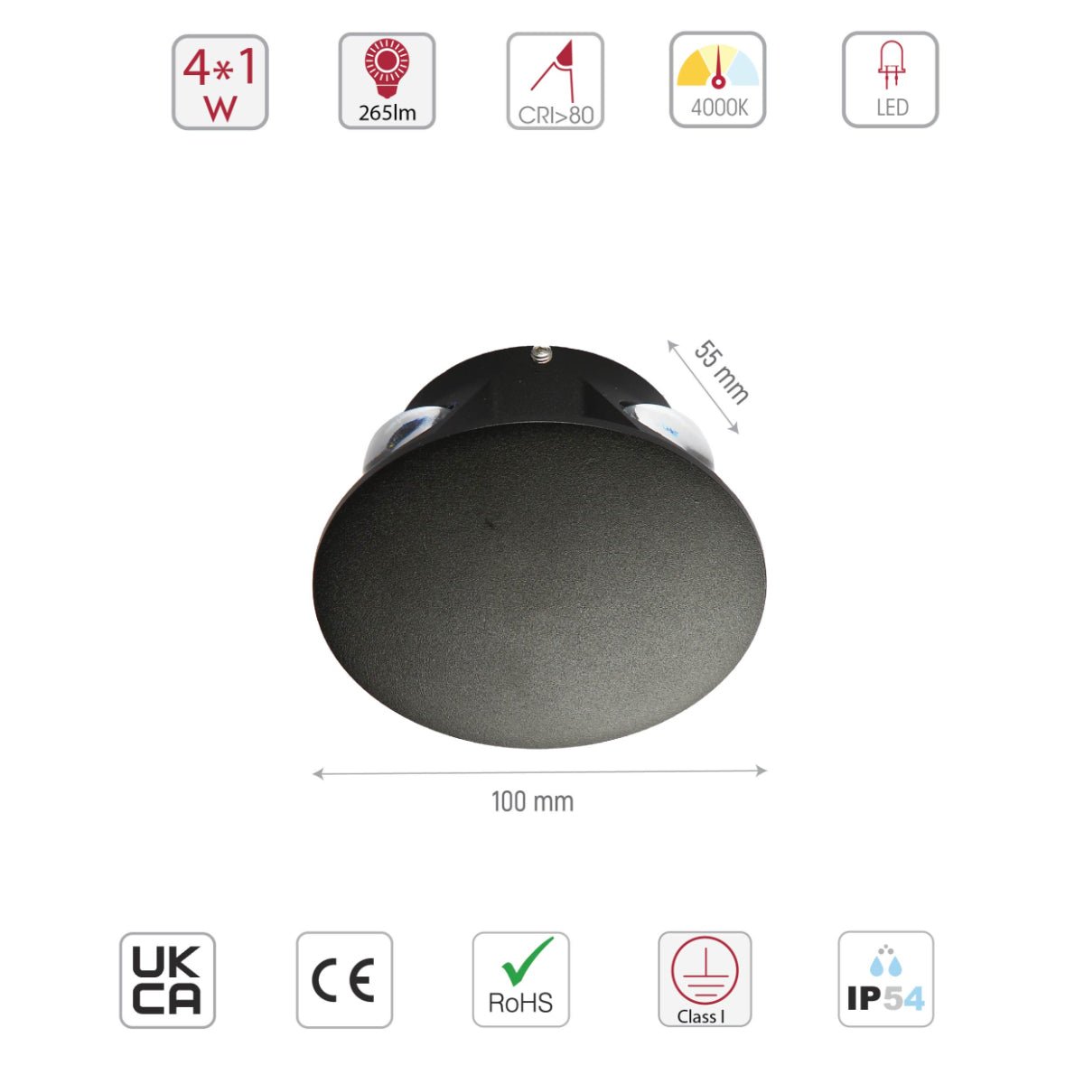 Size and specs of Black Compass 4 Way Outdoor Modern LED Wall Light | TEKLED 183-03310