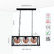 Size and specs of Black Cuboid Metal Amber Globe Glass Island Chandelier Ceiling Light with 3xE27 | TEKLED 150-18080