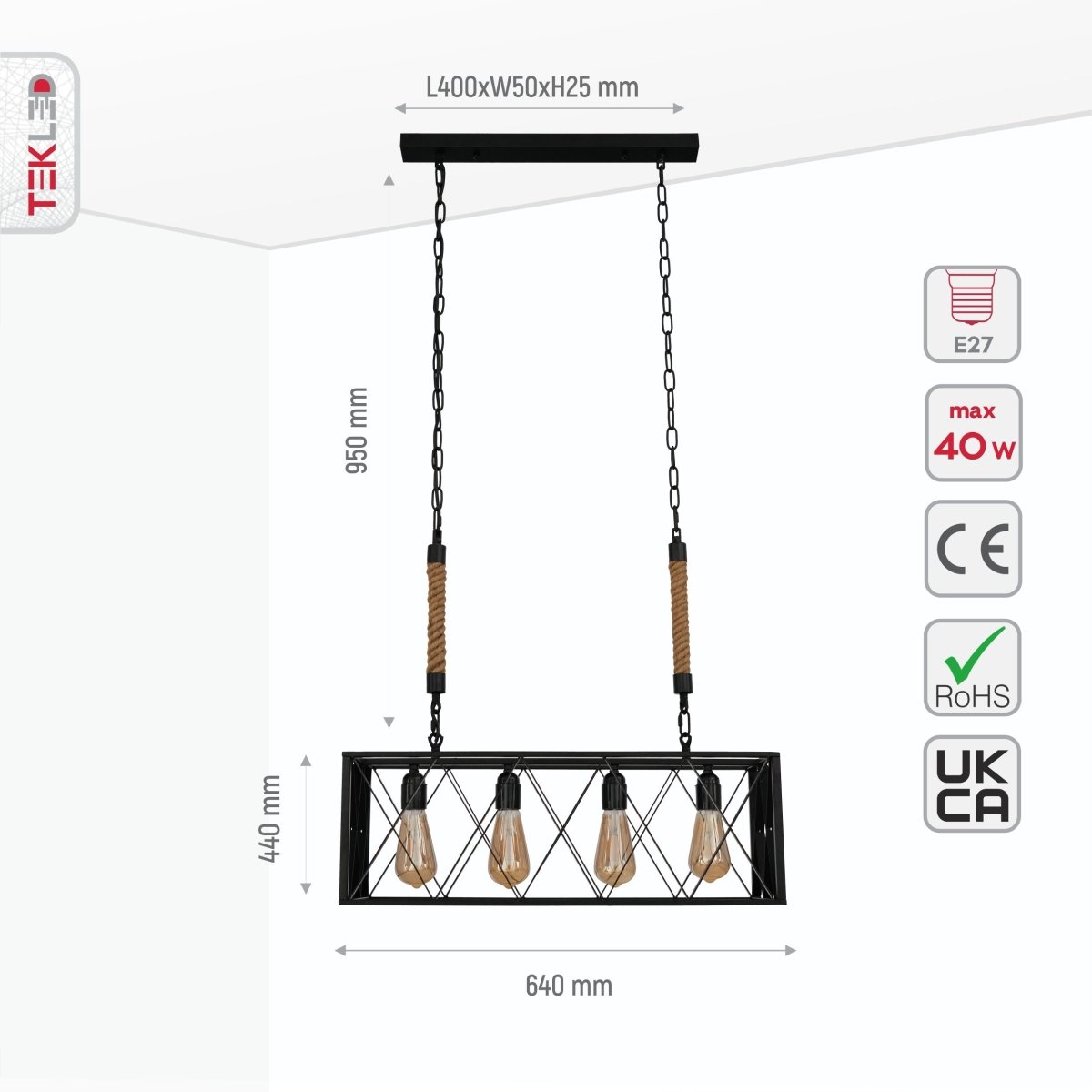 Size and specs of Black Cuboid Metal Island Chandelier with 4xE27 Fitting | TEKLED 158-17870