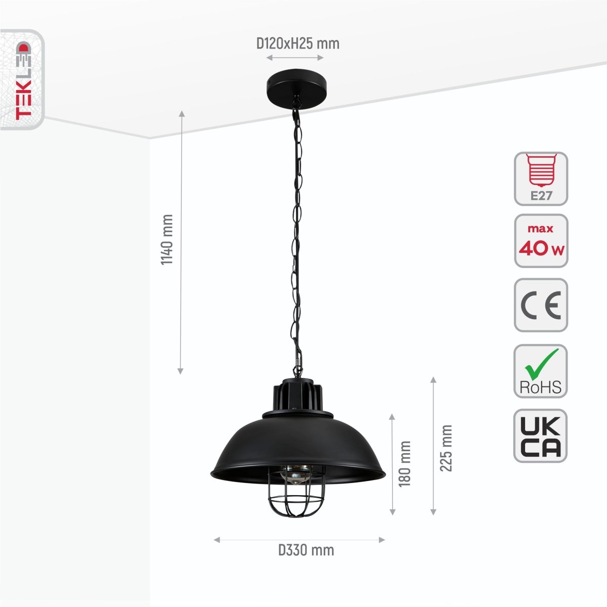 Size and specs of Black Dome Caged Industrial Metal Ceiling Pendant Light with E27 Fitting | TEKLED 150-18352