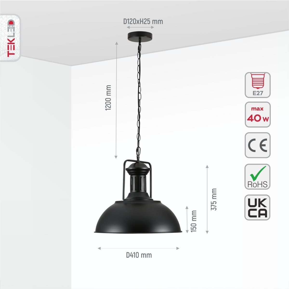 Size and specs of Black Dome Industrial Jumbo Metal Ceiling Pendant Light with E27 Fitting | TEKLED 150-18356