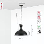 Size and specs of Black Dome Industrial Jumbo Metal Ceiling Pendant Light with E27 Fitting | TEKLED 150-18356