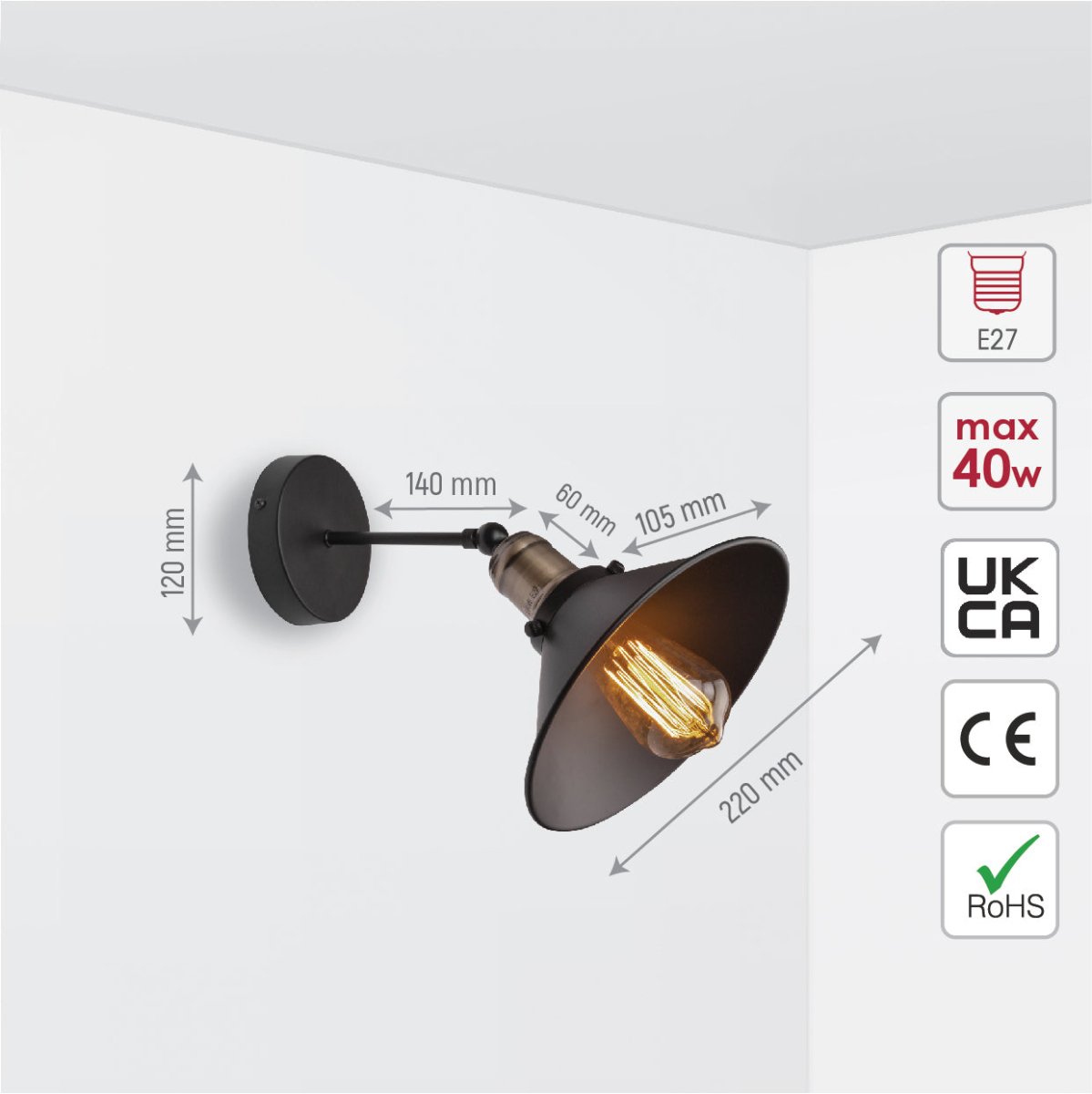Size and specs of Black Funnel Metal Hinged Wall Light with E27 Fitting | TEKLED 151-19558