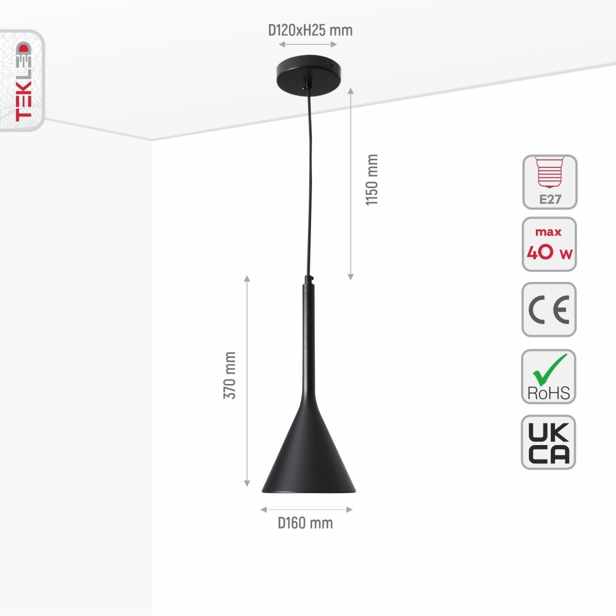 Size and specs of Black Funnel Nordic Modern Metal Ceiling Pendant Light with E27 Fitting | TEKLED 150-18394