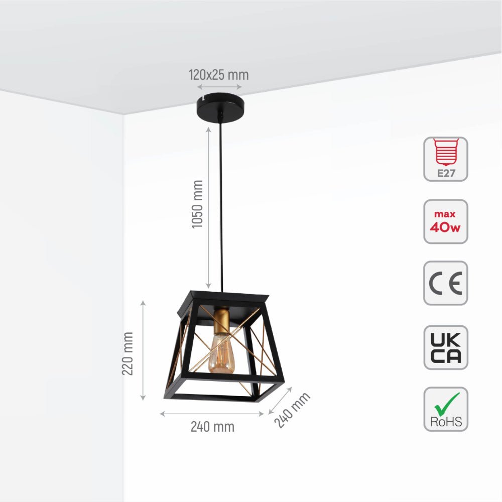Size and specs of Black Gold Caged Industrial Retro Square Pendant Ceiling Light with E27 | TEKLED 159-17862