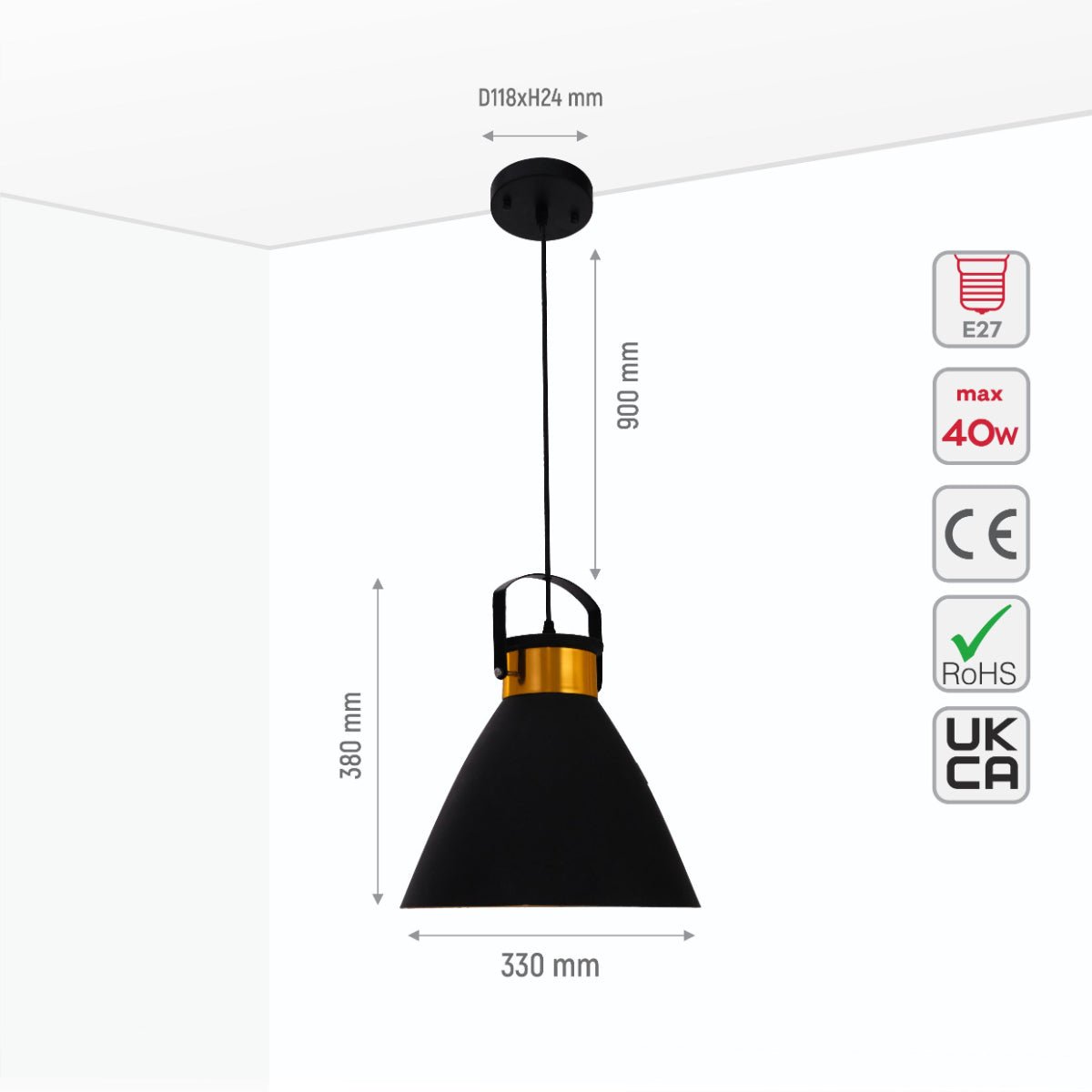 Size and specs of Black Gold Funnel Modern Metal Ceiling Pendant Light with E27 Fitting | TEKLED 150-18112