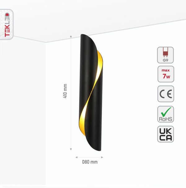 Size and specs of Black Gold Metal Cylinder Wall Light with 2xG9 Fitting | TEKLED 151-19742