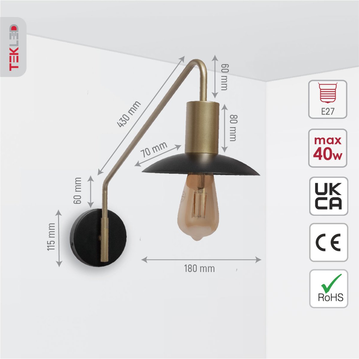 Size and specs of Black Gold Metal Flat Wall Light with E27 Fitting | TEKLED 151-19624