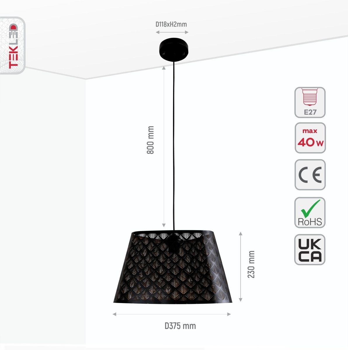 Size and specs of Black Gold Metal Frustum Pendant Light with E27 Fitting | TEKLED 150-18338