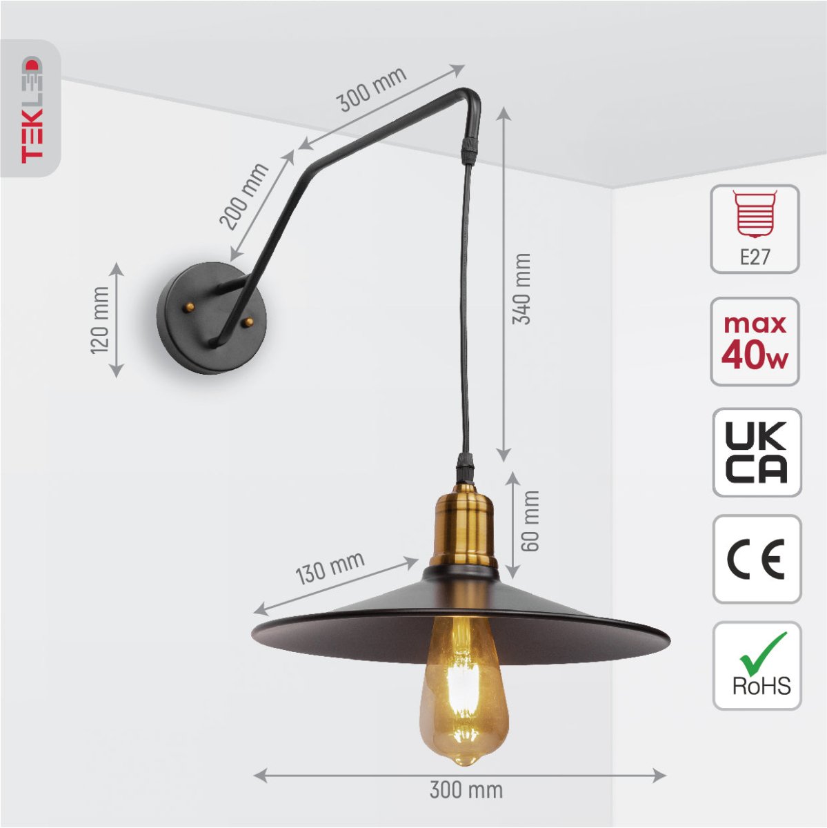 Size and specs of Black Gold Metal Suspended Wall Light with E27 Fitting | TEKLED 151-19636