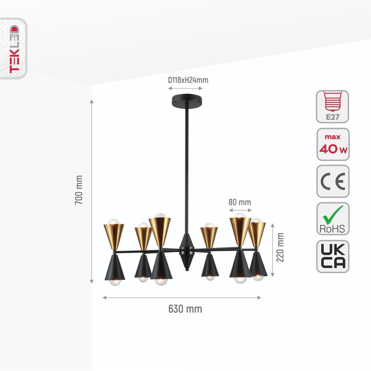 Size and specs of Black Gold Up Down Funnel Modern Chandelier with 12xE27 Fitting | TEKLED 150-18280