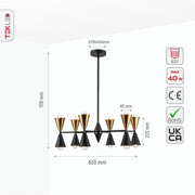 Size and specs of Black Gold Up Down Funnel Modern Chandelier with 12xE27 Fitting | TEKLED 150-18280
