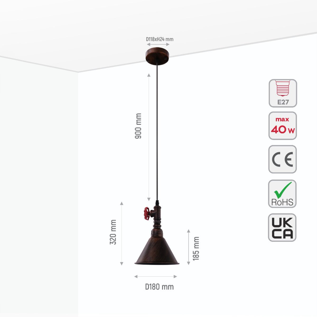Size and specs of Black Gules Metal Funnel Valve Pendant Ceiling Light Large with E27 | TEKLED 150-17964