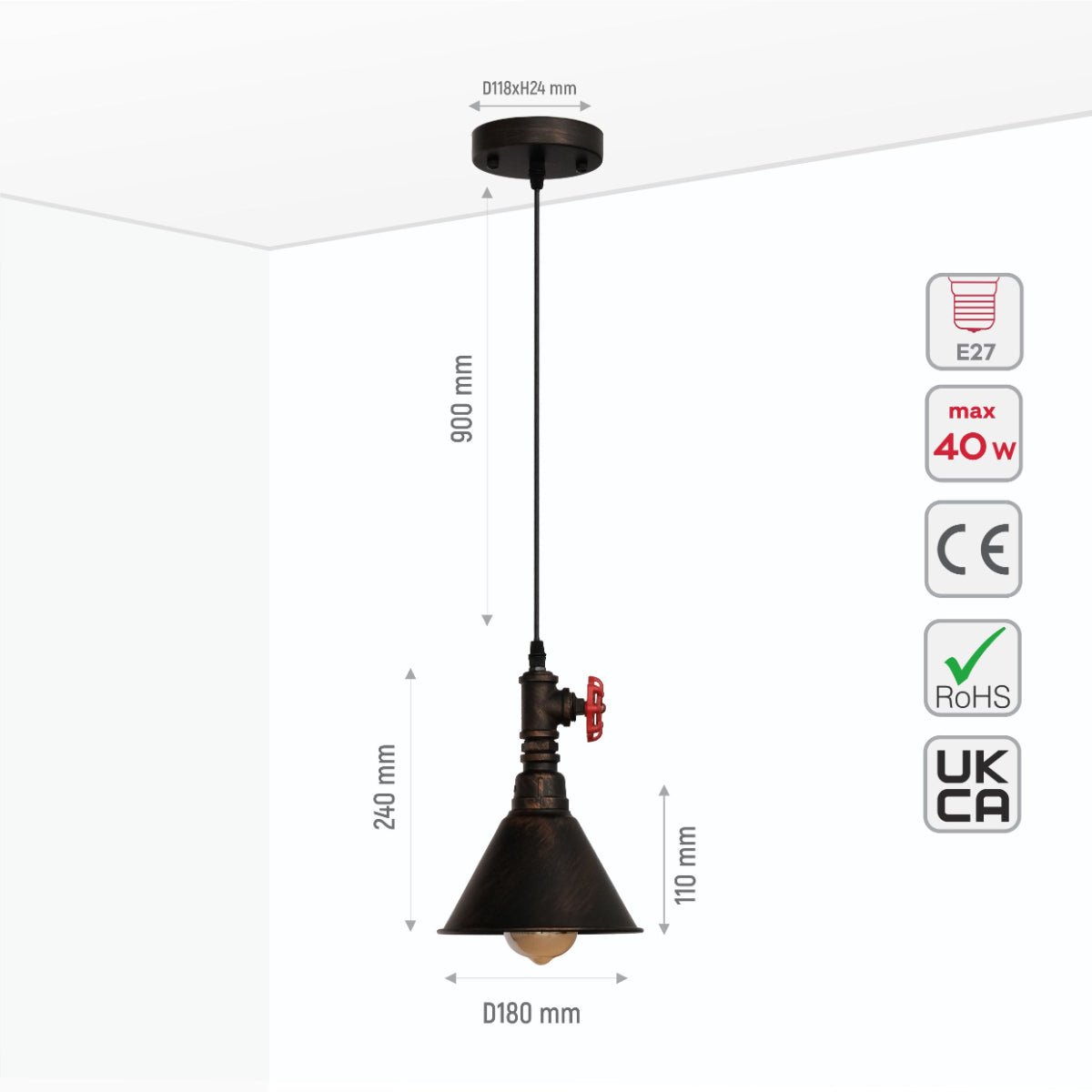 Size and specs of Black Gules Metal Funnel Valve Pendant Ceiling Light Small with E27 | TEKLED 150-17940
