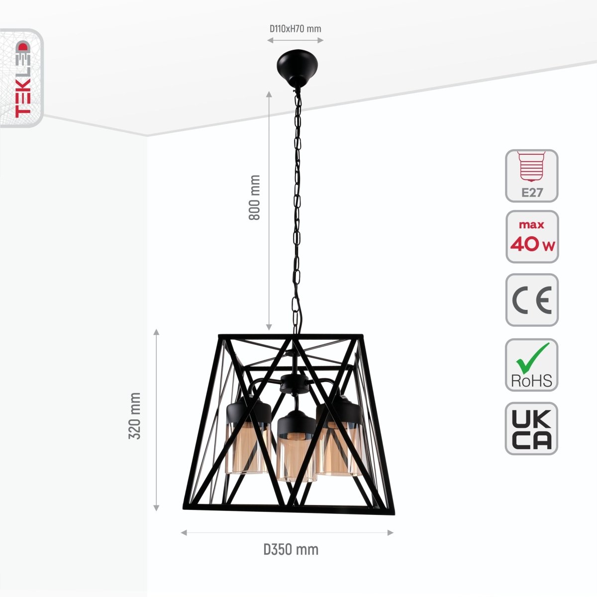 Size and specs of Black Metal Body Amber Cylinder Glass Cage Cuboid Chandelier with 3xE27 Fittings | TEKLED 159-17414