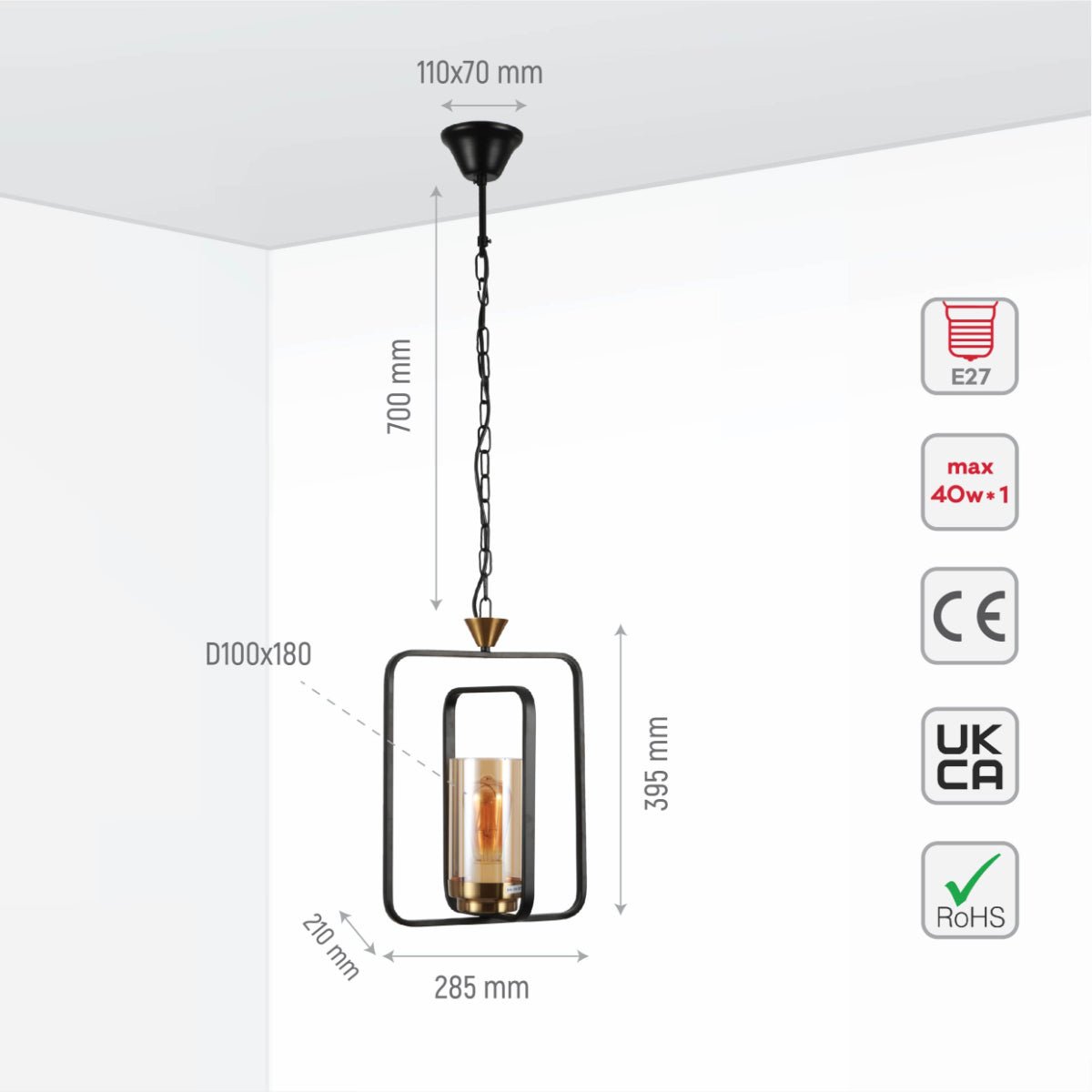 Size and specs of Black Metal Cage Body Amber Cylinder Glass Pendant Ceiling Light with E27 Fitting | TEKLED 159-17440